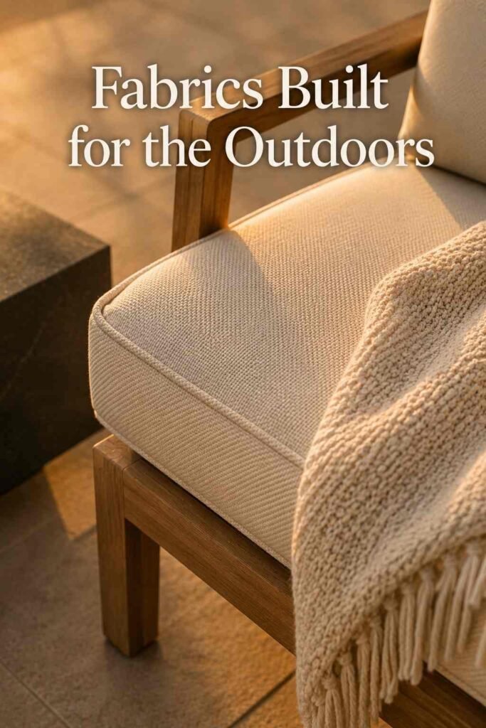 Luxury Outdoor Kitchen Ideas That Turn Your Backyard Into a Private Retreat 11 Close-up of a cream woven lounge cushion with piped edges and a folded warm-white knit throw resting on the seat.
