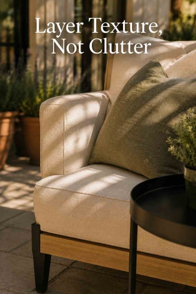 Close-up of a woven cream outdoor sofa cushion and a sage green pillow beside the edge of a round black side table in striped rafter shadows.