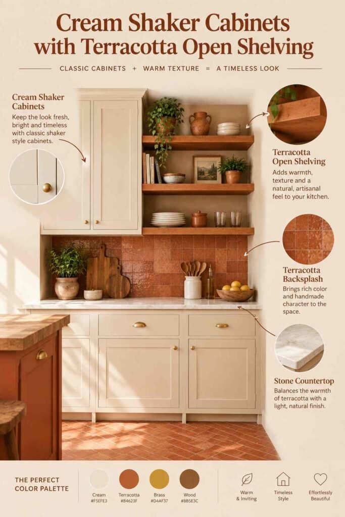 Cream shaker kitchen cabinets paired with terracotta open shelving, handmade backsplash tile, brass hardware, and warm wood accents.