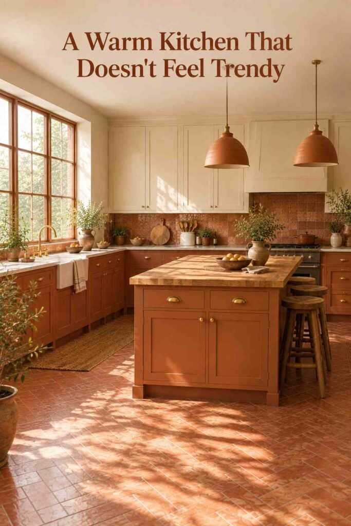 Cream and terracotta kitchen filled with morning light from a large window, floor and island in view.