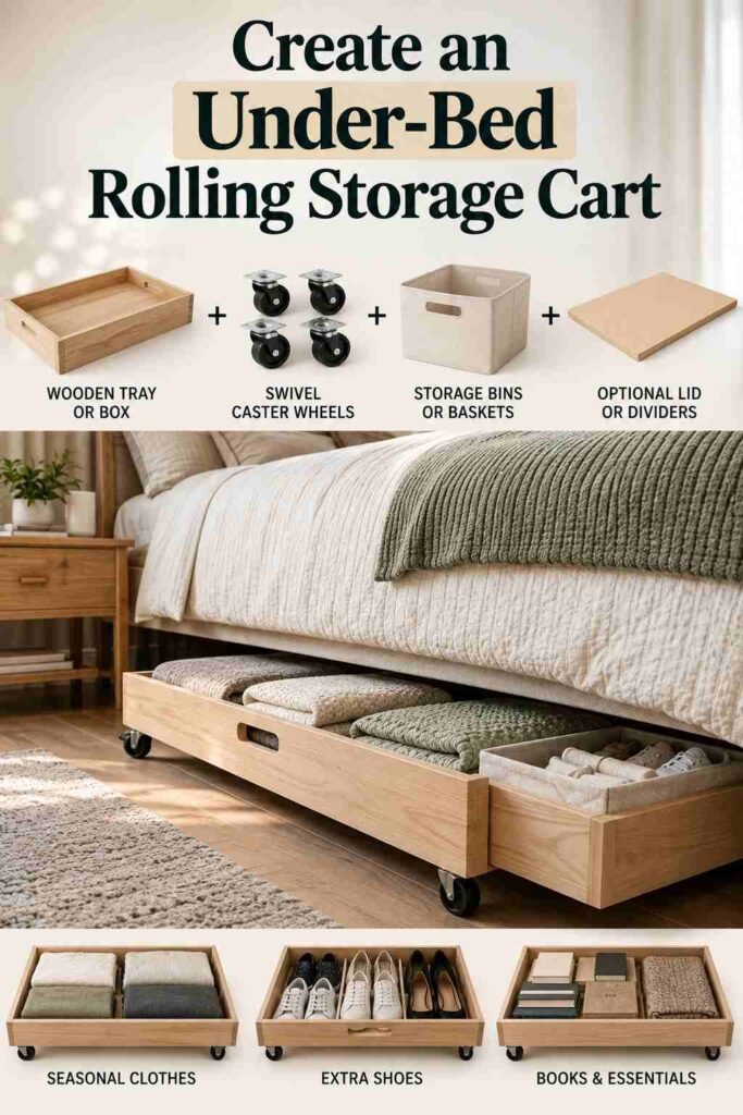 16 Smart DIY Organization Tips to Transform Every Room in Your Home 5 DIY under-bed rolling storage cart with wooden base, caster wheels, storage bins, and folded linens for organized bedroom storage.