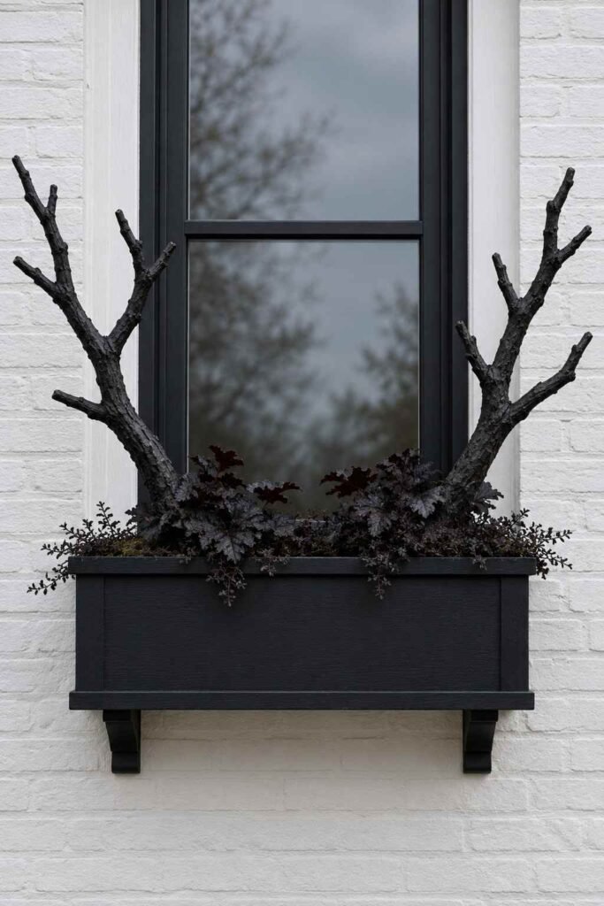 Halloween Window Boxes: Spooky, Elegant & Budget-Friendly Ideas for Every Home 6 Bare black crooked branches framing a Halloween window box