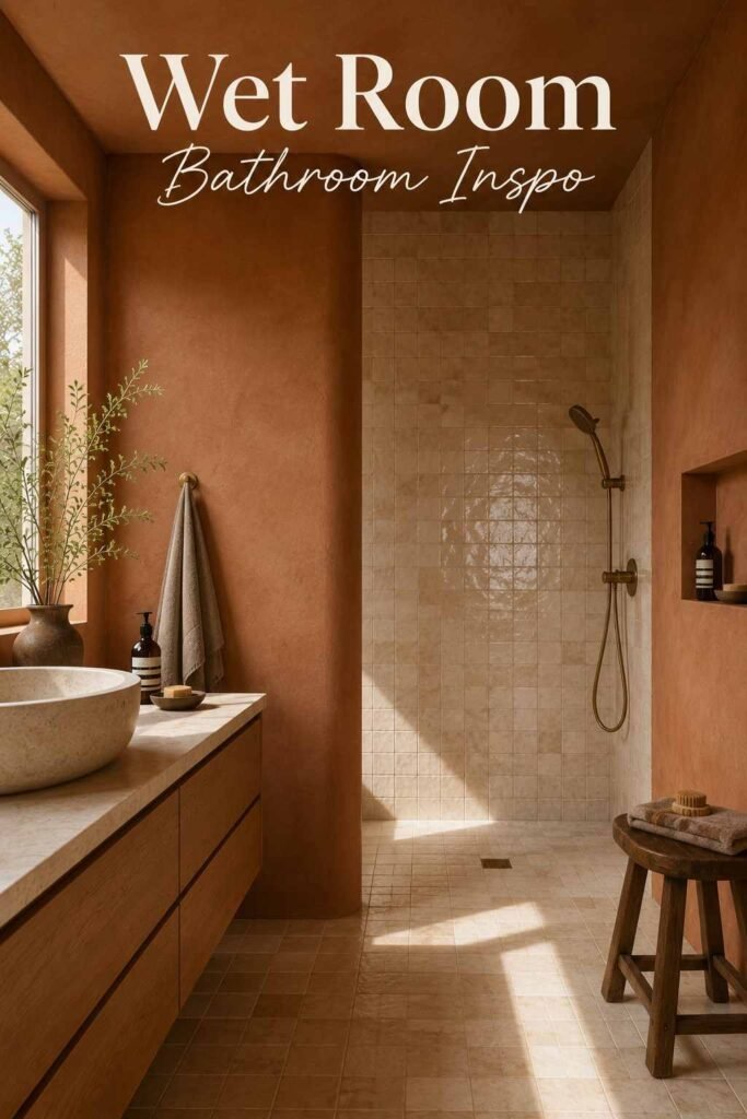 Aesthetic Bathroom Inspo Ideas to Transform Your Space in 2026 5 Curbless shower corner with cream zellige tile and an aged-brass hand shower.