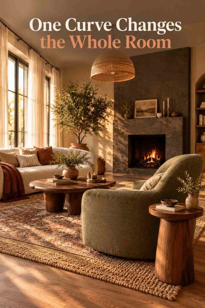 Sage-green curved accent chair beside a walnut side table in a warm organic modern living room.