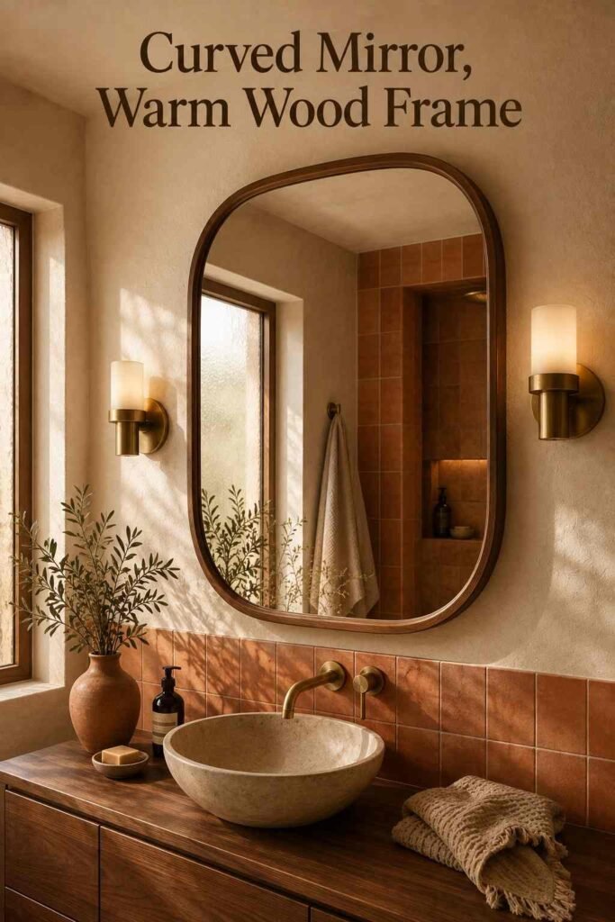 Curved wood-framed mirror reflecting window light above a walnut vanity with brass sconces.