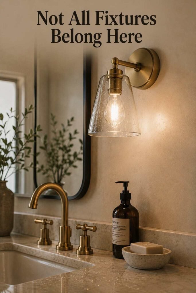 A sealed-glass wall sconce mounted close to a bathroom sink with water droplets on the marble counter.