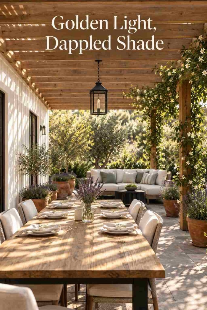 Dappled morning light across an oak dining table set with white plates, cream napkins, and a small vase of lavender under a cedar pergola.