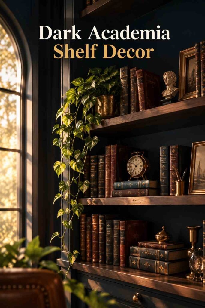 Moody Home Office Ideas to Create a Dramatic, Productive Workspace 8 Close-up of a walnut bookshelf styled with stacked books, a brass clock, and a trailing plant.
