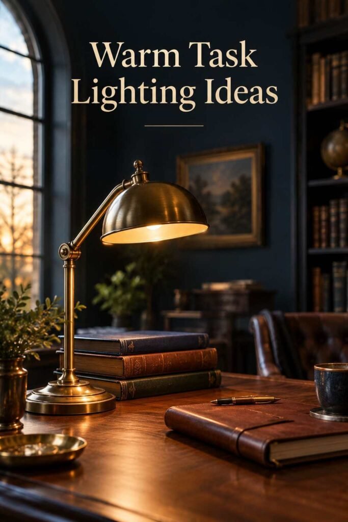 Moody Home Office Ideas to Create a Dramatic, Productive Workspace 4 Close-up of a glowing brass desk lamp beside books and a notebook on a walnut desk.