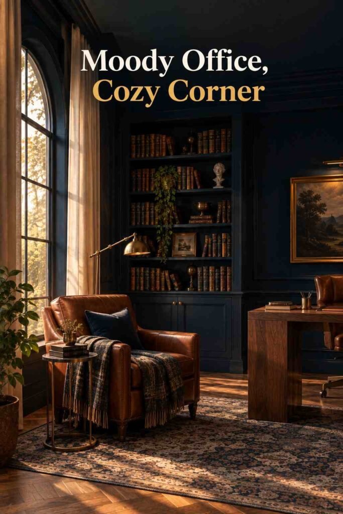 Moody Home Office Ideas to Create a Dramatic, Productive Workspace 11 Cognac leather armchair with a throw blanket in the corner of a navy-walled home office.