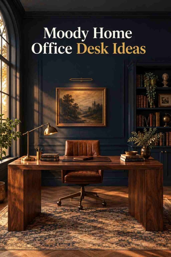 Moody Home Office Ideas to Create a Dramatic, Productive Workspace 5 Walnut waterfall desk with a brass lamp, leather notebook, and stacked books against a navy wall.
