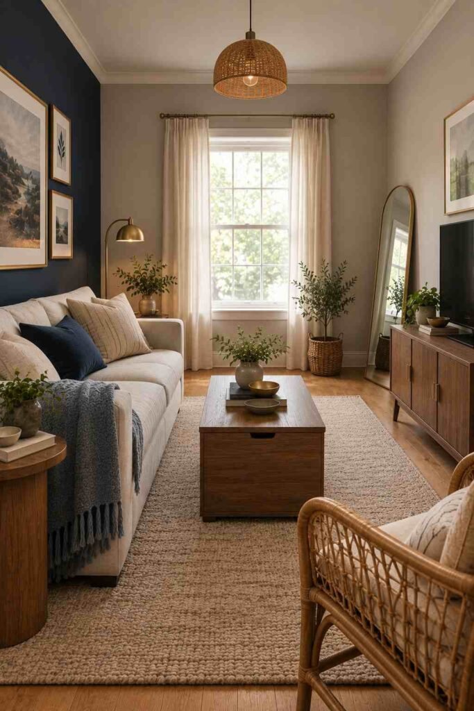 Single navy accent wall behind a sofa in a light greige apartment living room.