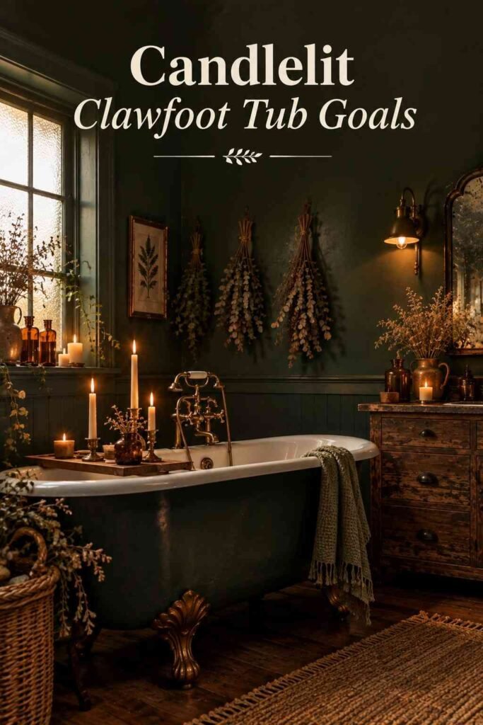 Cast-iron clawfoot tub in a dark green bathroom with candles and dried botanicals along the edge.
