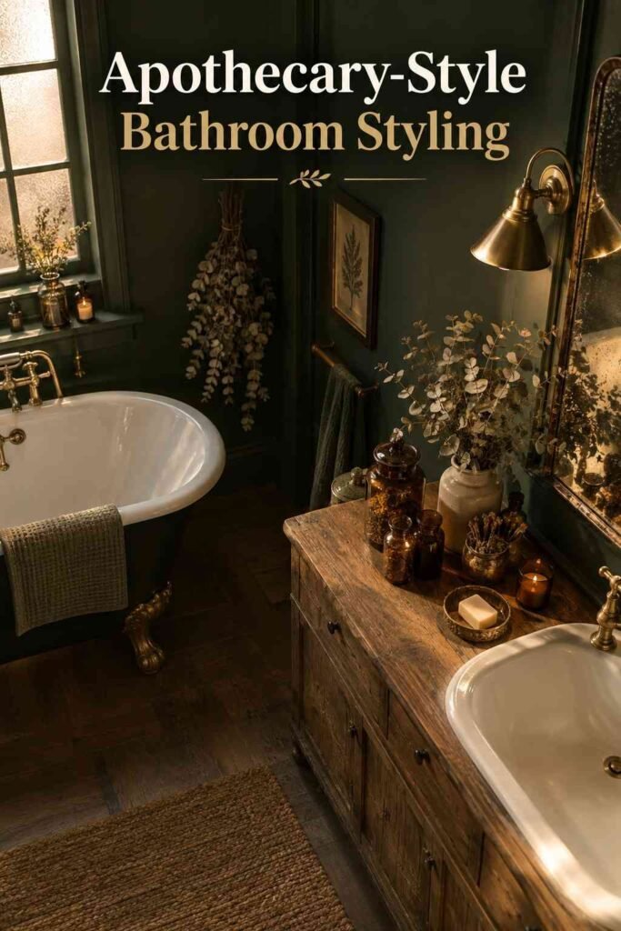 Overhead view of bathroom countertop styling with amber jars, a stone soap dish, and dried herbs.