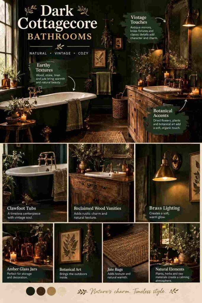 Dark cottagecore bathroom with a clawfoot tub, reclaimed wood vanity, vintage mirror, brass lighting, amber glass jars, dried botanicals, and jute rugs.