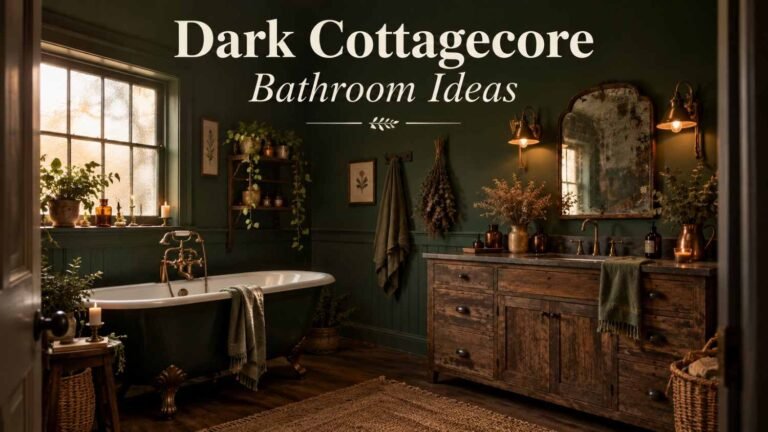 Full view of a dark cottagecore bathroom with forest green walls, a clawfoot tub, and a wood vanity.