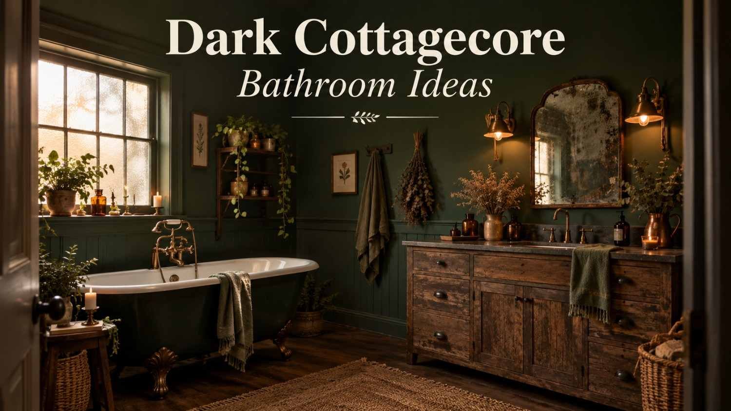 Full view of a dark cottagecore bathroom with forest green walls, a clawfoot tub, and a wood vanity.