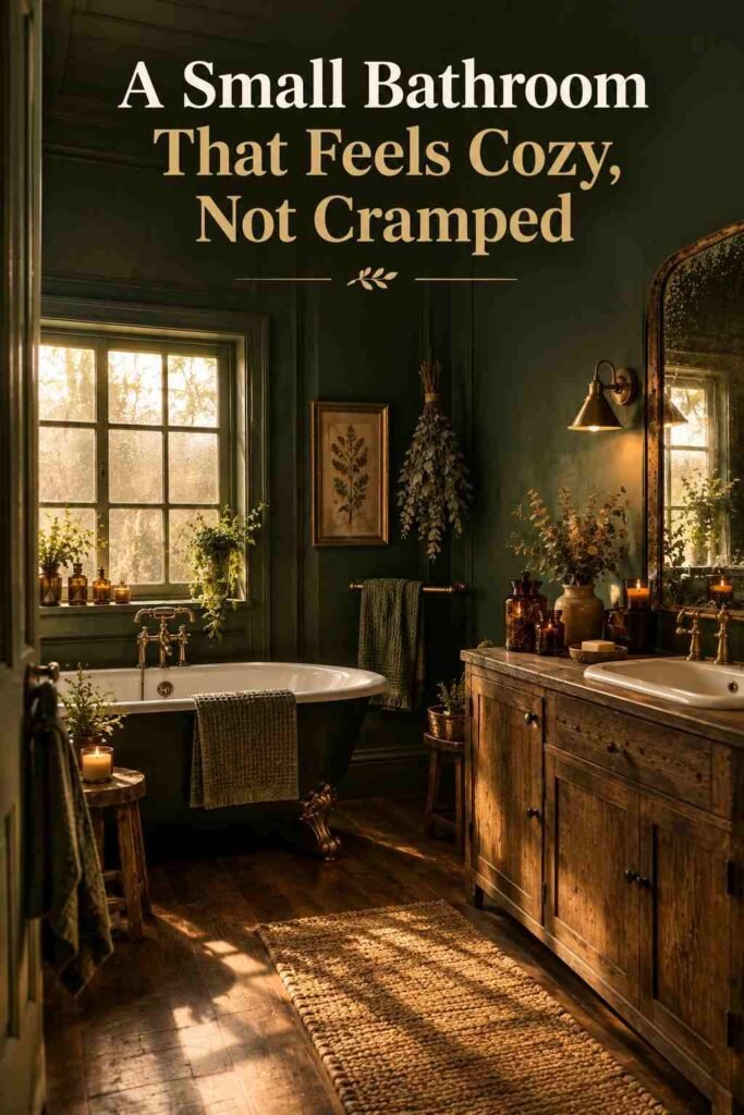Wide reverse-angle view of a dark green bathroom showing the clawfoot tub and vanity together.