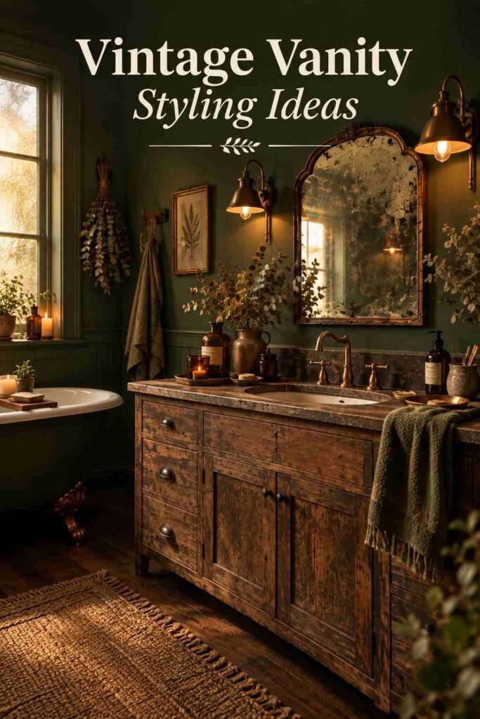 Reclaimed wood bathroom vanity with a brass faucet and amber apothecary jars.