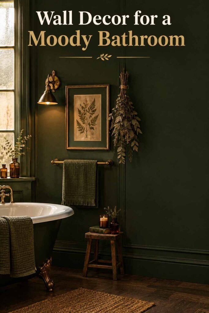 Framed pressed botanical print next to a brass wall sconce on a forest green bathroom wall.