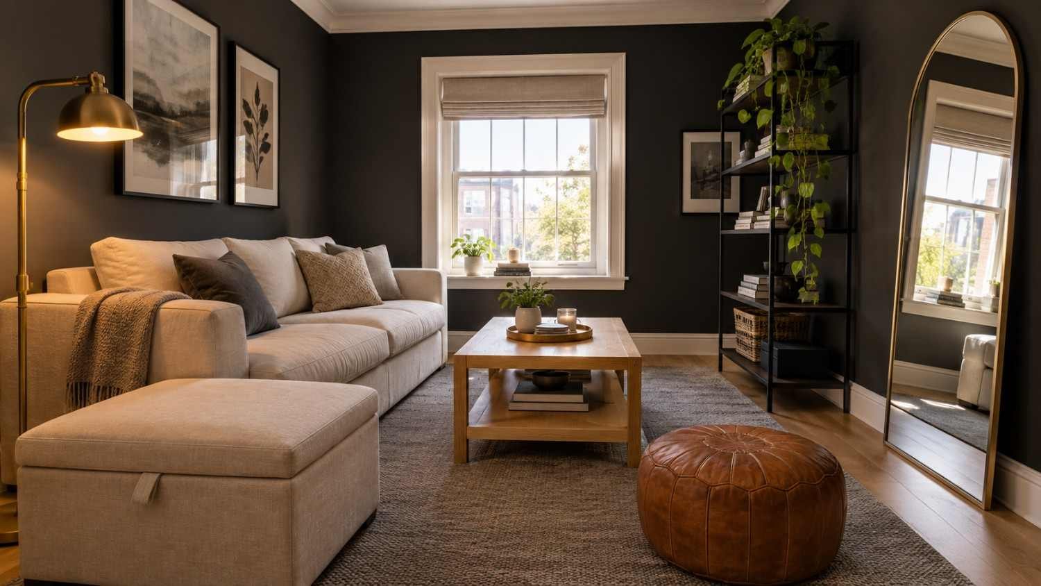 Charcoal apartment living room with warm white trim, brass lamp, and blonde wood table