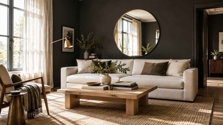Brightened dark living room with charcoal walls, brass accents, and a color palette swatch strip below