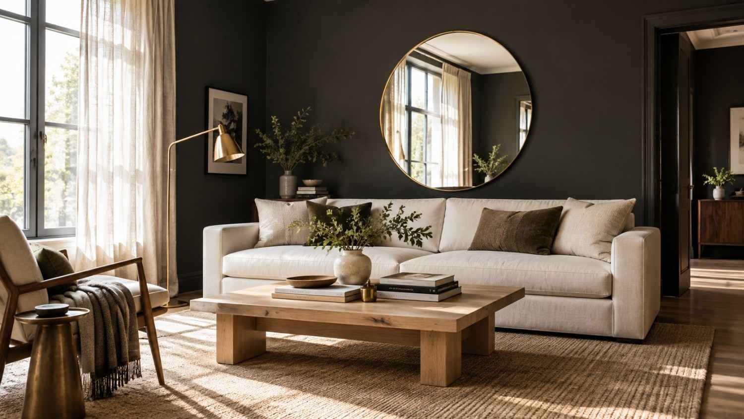 Brightened dark living room with charcoal walls, brass accents, and a color palette swatch strip below