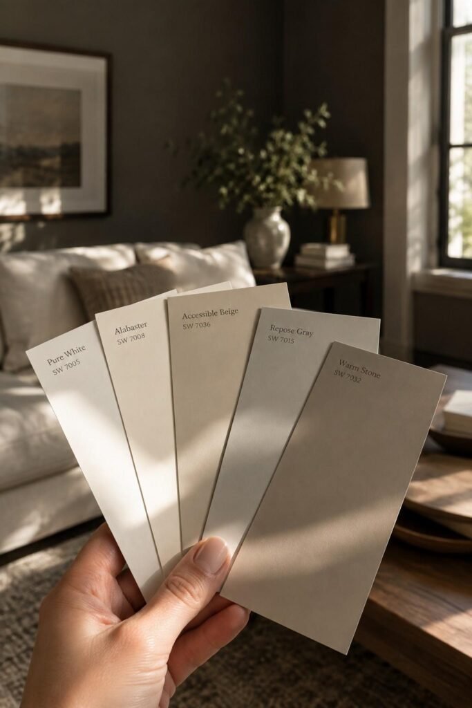 25 Dark Living Room Ideas to Brighten Your Home Without a Renovation 2 Paint swatches tested on a dark living room wall to compare light reflectance