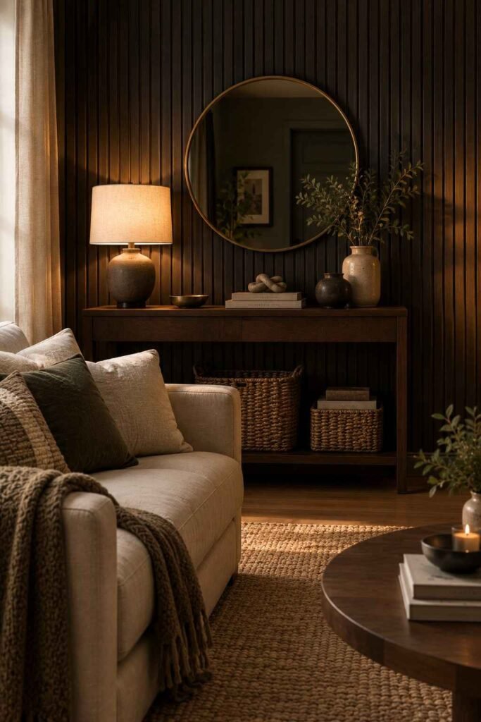 Dark wood slat panel feature wall behind a console table in a small living room.