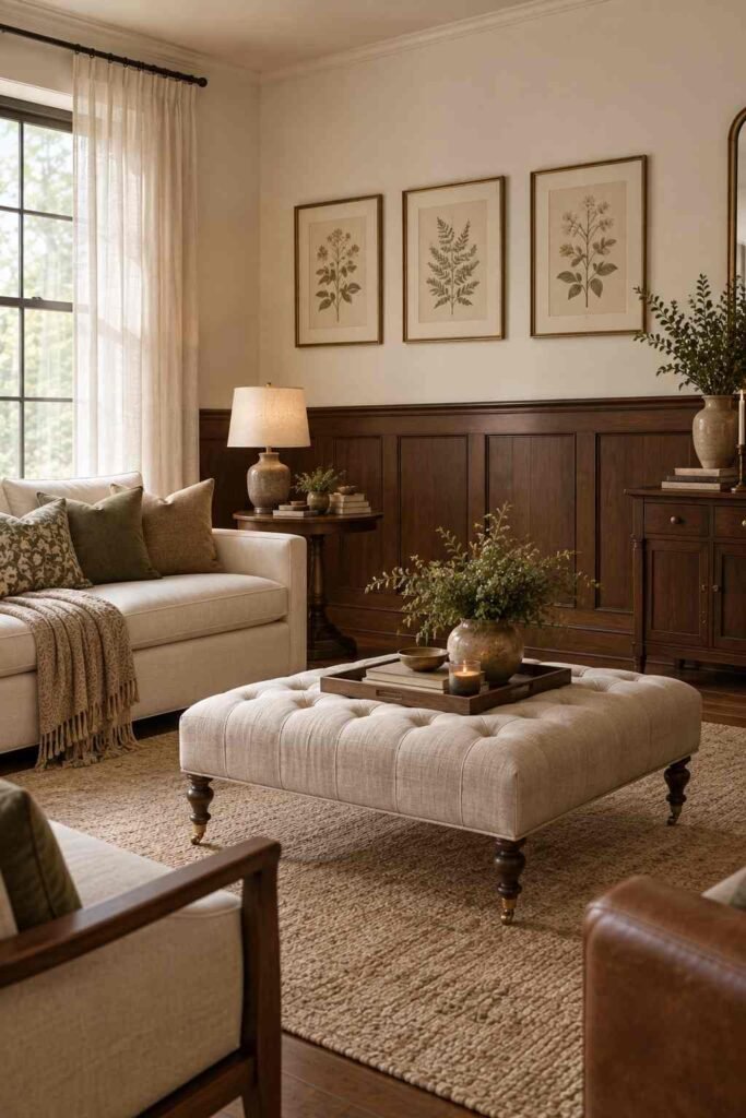 26 Dark Wood Living Room Design Ideas for Walls, Floors & Furniture 7 Living room with dark wood wainscoting and ivory upper walls