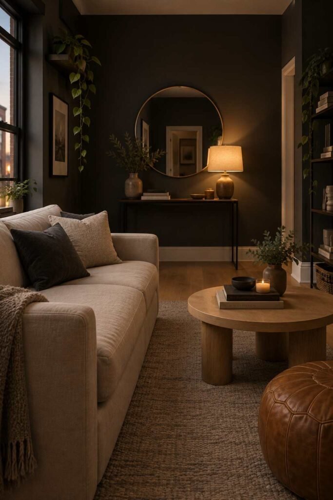 Small apartment living room with deep graphite walls and soft shadowed corners.