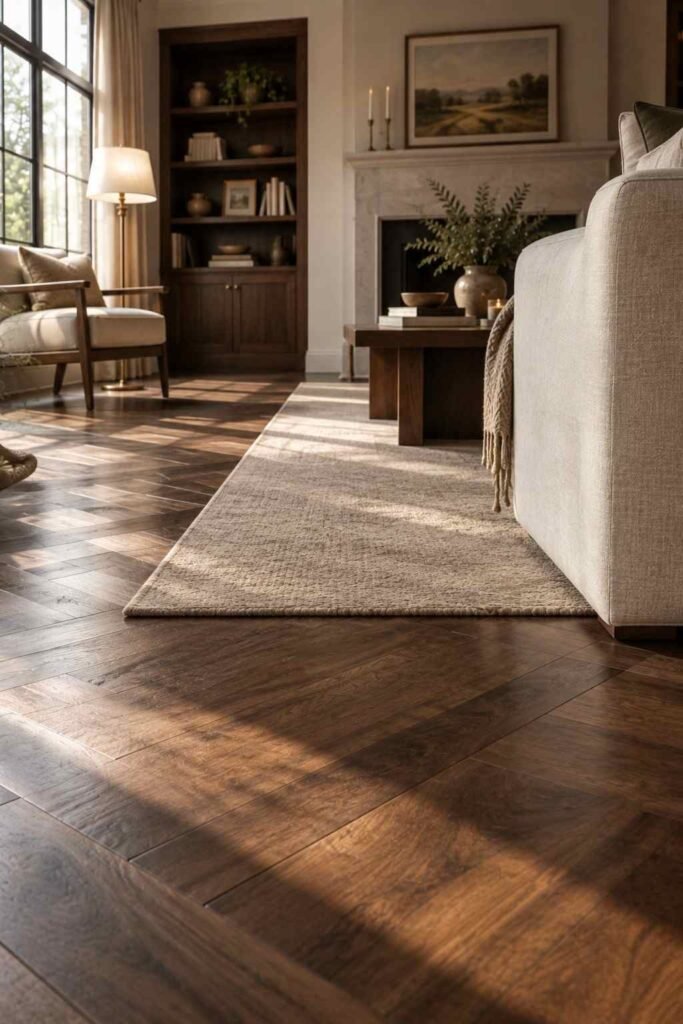 26 Dark Wood Living Room Design Ideas for Walls, Floors & Furniture 9 Dark walnut herringbone floor in a bright living room