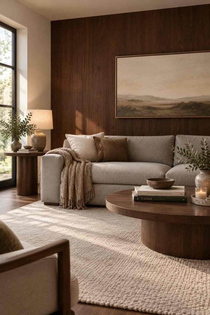 26 Dark Wood Living Room Design Ideas for Walls, Floors & Furniture 4 Dark wood accent wall behind a grey sofa in a bright living room