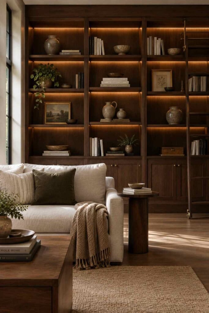 26 Dark Wood Living Room Design Ideas for Walls, Floors & Furniture 8 Dark wood built-in shelving wall with LED lighting in a living room