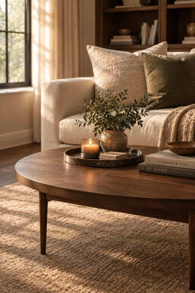26 Dark Wood Living Room Design Ideas for Walls, Floors & Furniture 11 Round walnut coffee table styled with a tray, candle, and small plant
