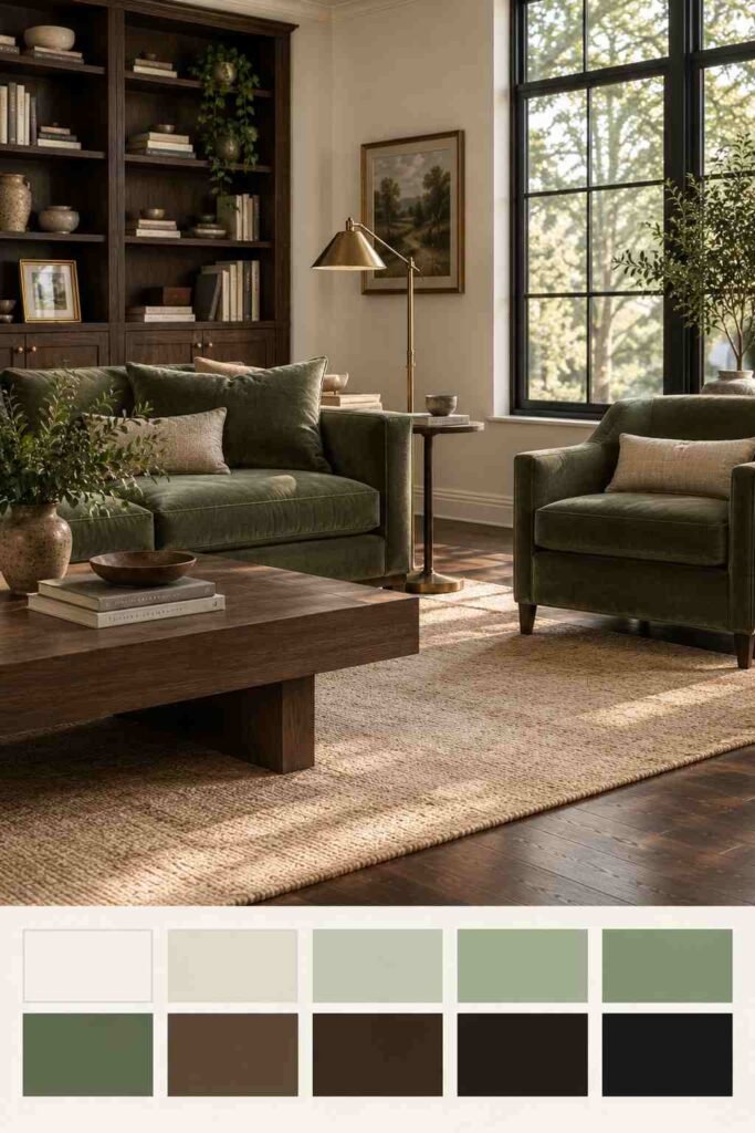 26 Dark Wood Living Room Design Ideas for Walls, Floors & Furniture 15 Dark wood and sage green living room with a 10-color palette strip below the photo