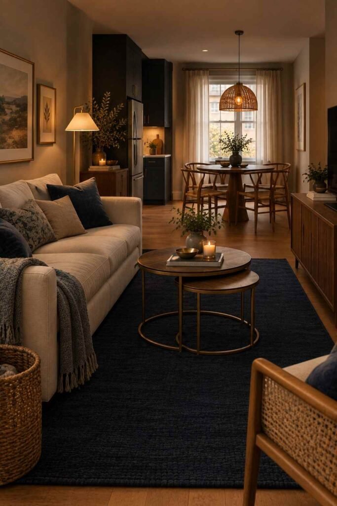 Deep navy wool rug anchoring the seating area in an open apartment layout.