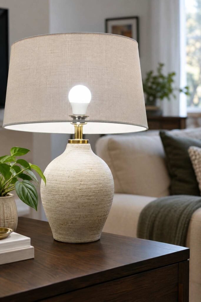 25 Dark Living Room Ideas to Brighten Your Home Without a Renovation 6 Daylight-toned LED bulb glowing in a living room table lamp