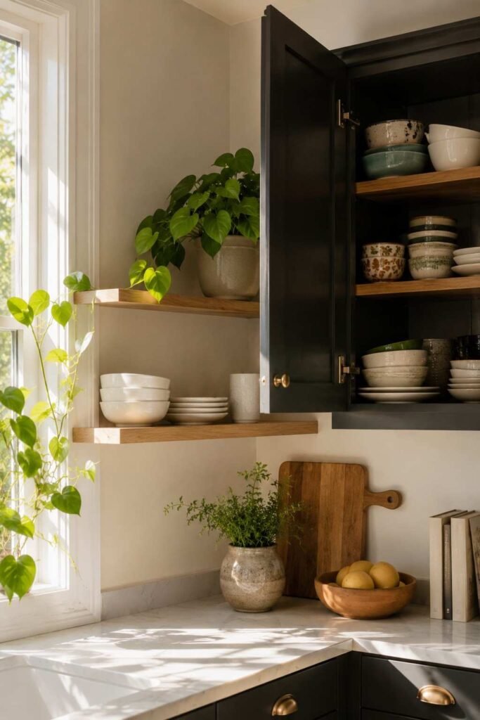26 Kitchen Open Shelving Ideas for Corners: Styles, Sizes and Layouts 3 Kitchen corner cabinet with cluttered bowls beside a tidy open wood shelf for comparison