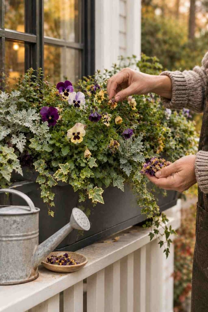 25 stylish Autumn Window Boxes: pansies, violas, heuchera to Make Your Home Glow 20 Hands deadheading faded pansies in a window box during fall care