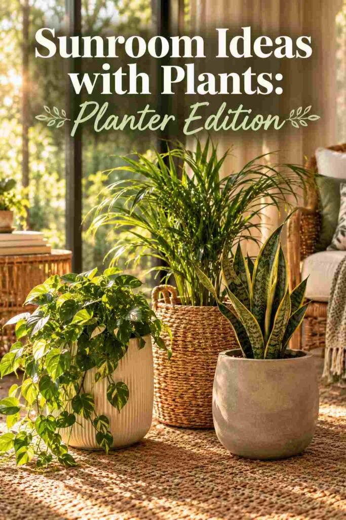 Three decorative planters — ceramic, rattan, and concrete — each holding a different plant on a jute rug.