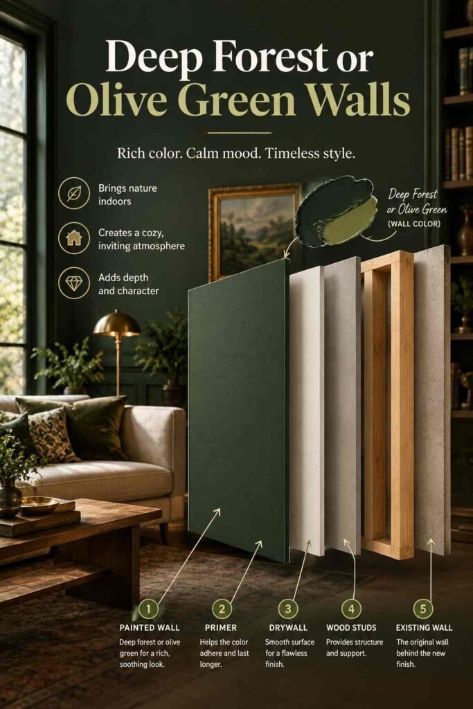 Moody Home Office Ideas to Create a Dramatic, Productive Workspace 3 Deep forest or olive green walls in a cozy living room, featuring an exploded-view wall design with painted wall, primer, drywall, wood studs, and existing wall layers.