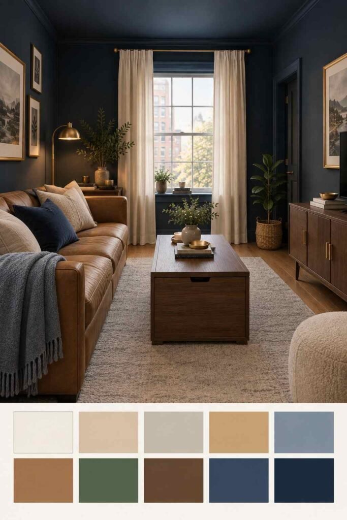 Deep navy apartment living room with cream curtains and tan leather sofa, with a 10-color palette strip below.