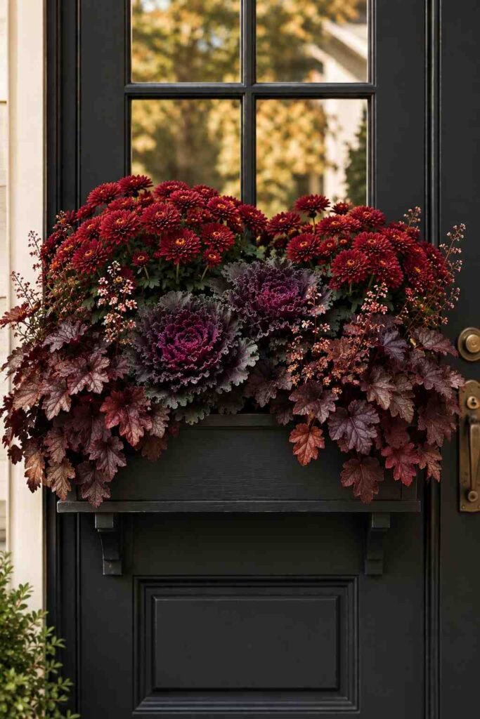 Fall Window Box Ideas to Turn Your Porch Into an Autumn Showstopper 15 Burgundy mums and purple kale in a moody fall window box.
