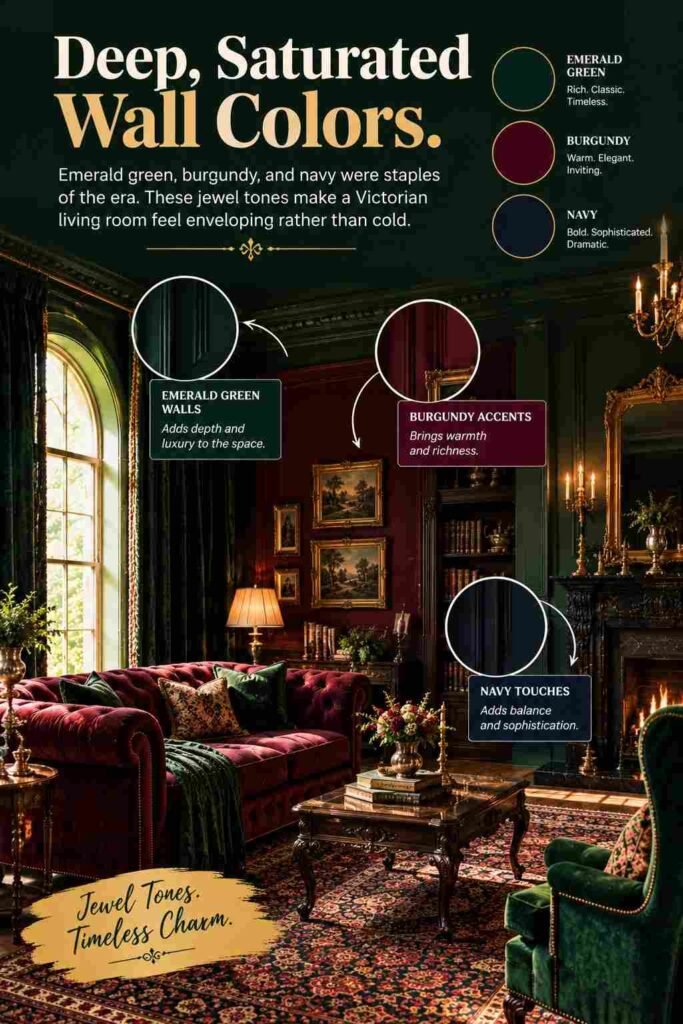 Deep emerald green, burgundy, and navy wall colors in a richly decorated Victorian living room with jewel-tone accents.