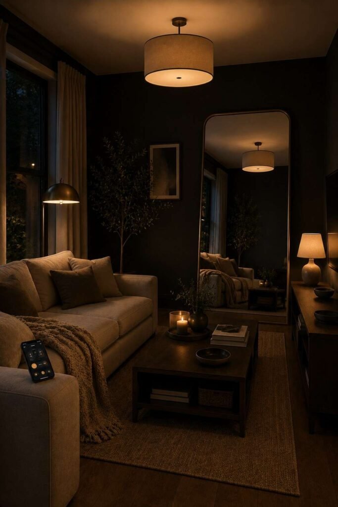 Cozy dimmed evening lighting in a compact dark apartment living room.