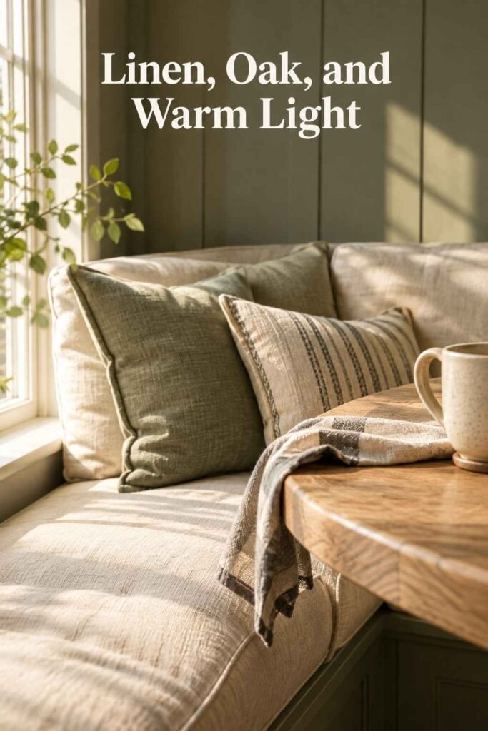 Close-up of a cream linen banquette cushion with a charcoal-trimmed napkin beside an oak table edge.