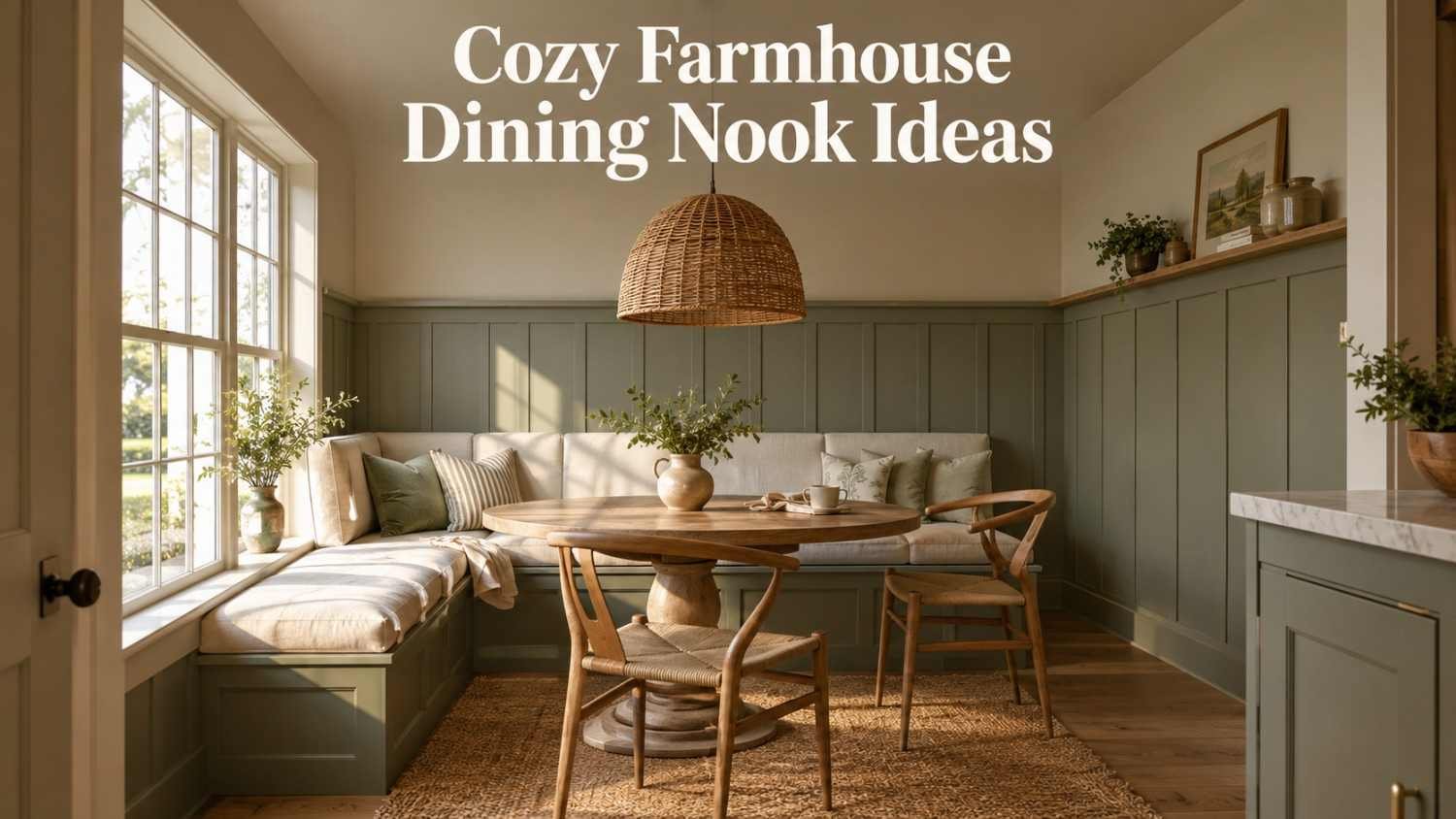 Farmhouse dining nook with cream linen banquette, round oak table, and wicker pendant light near a sunlit window.