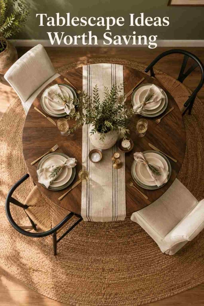 Round Dining Table Ideas to Transform Your Dining Space in 2026 8 Overhead view of a round dining table styled with a linen runner and ceramic centerpiece vase.