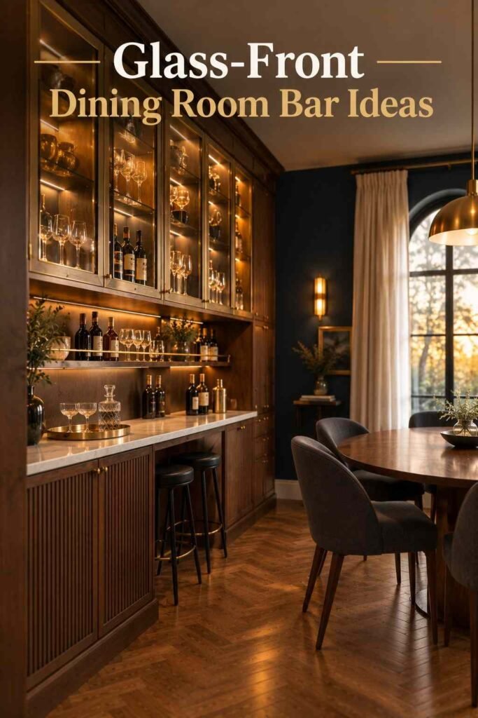 Dining Room Bar Ideas to Make Every Dinner Feel Like a Party 10 Brass-framed glass-front cabinets lit from inside, holding stemware and a decanter above a cream stone counter with a small brass tray.